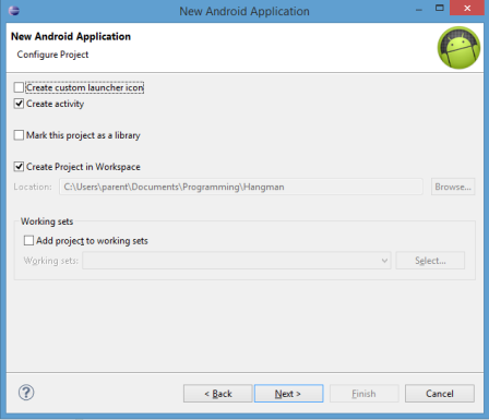 New Android Application Dialog